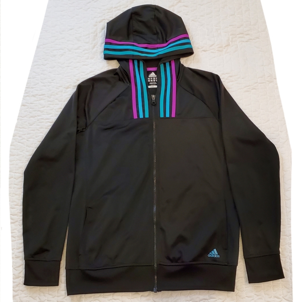 Adidas Womens Climalite Full Zip 3-Stripe Hooded Track Jacket Large